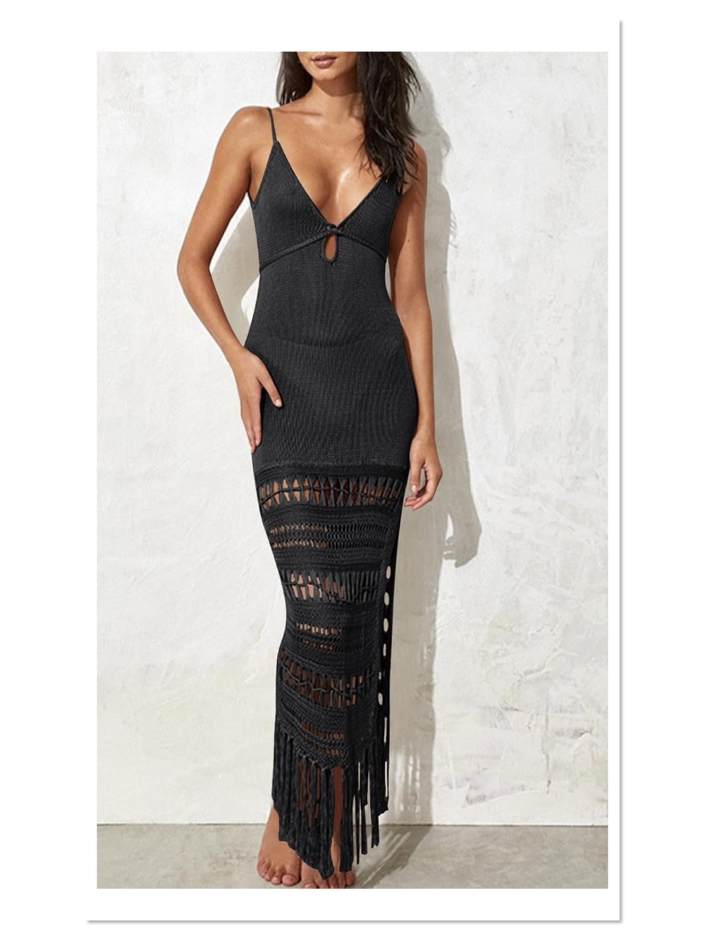 Mable Black Spaghetti Straps V Neck Fringe Beach Cover Up Crochet Dress Sz M